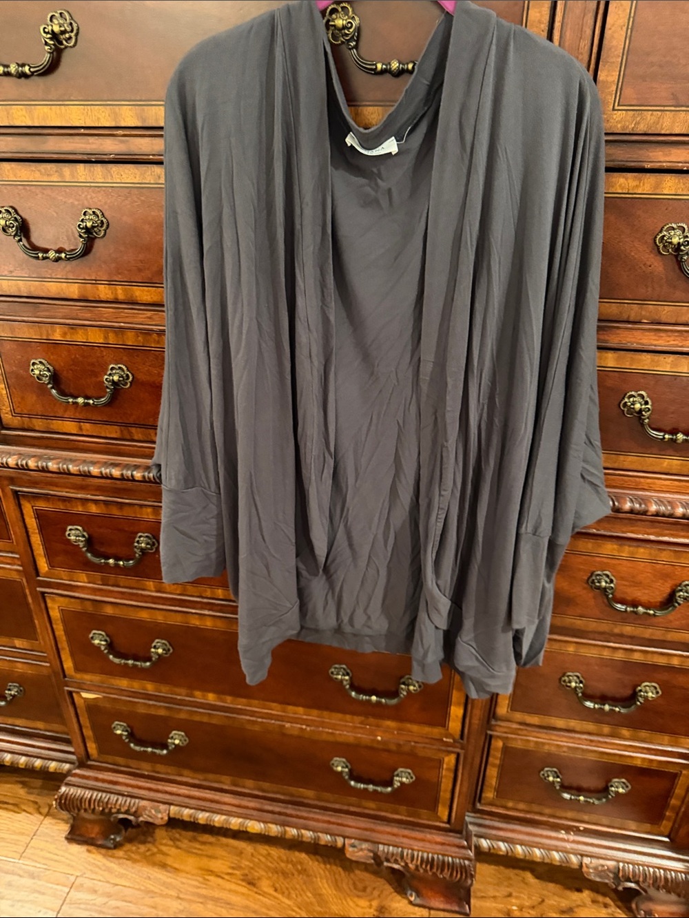 Zenana Outfitters Open-Front Draped Cardigan - Charcoal Gray